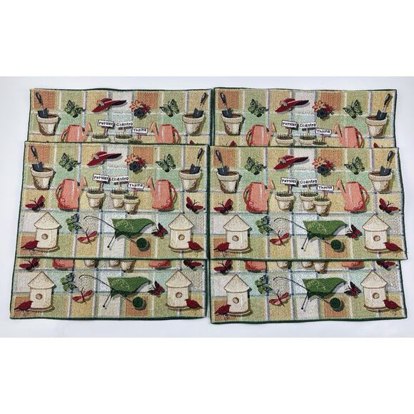 Placemats Set 6 Herb Garden Theme Bird Butterflies Red Hat Park B Smith Tapestry - Picture 1 of 10
